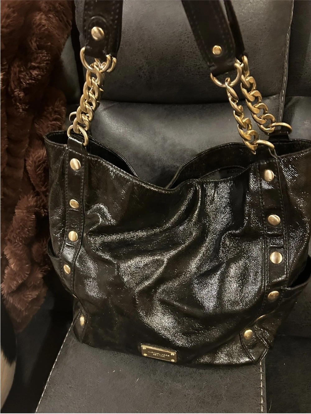 Gorgeous Large Michael Kors Black Patent Shoulder Bag with Gold Hardware
